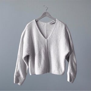 Pink Rose Soft Glam White V-Neck Sweater | Metallic Thread Detail sparkly white